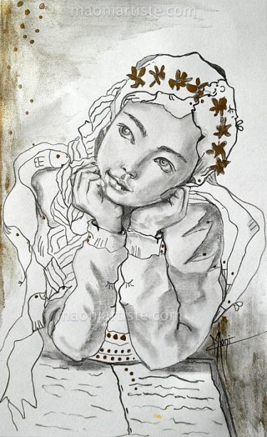 PORTRAIT GRAPHITE ENCRE OR FILLETTE REVEUSE