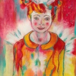 Portrait coloré mixed media jolie fillette aux couettes enroulées