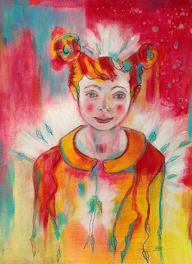 Portrait coloré mixed media jolie fillette aux couettes enroulées