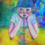 Portrait coloré mixed media fillette cheveux bleus se nourrissant de l'air des végétaux