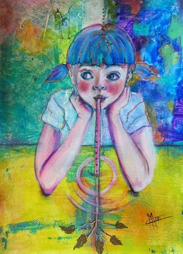 Portrait coloré mixed media fillette cheveux bleus se nourrissant de l&#039;air des végétaux