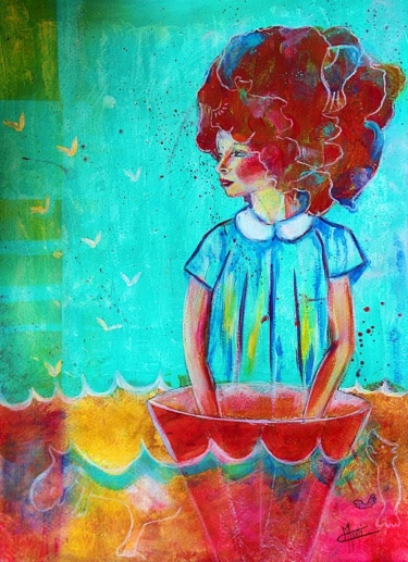 Portrait coloré mixed media jolie fillette cheveux volumineux