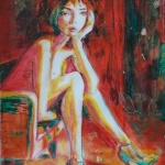Portrait très coloré mixed media belle jeune femme aux talons verts assise dans un fauteuil