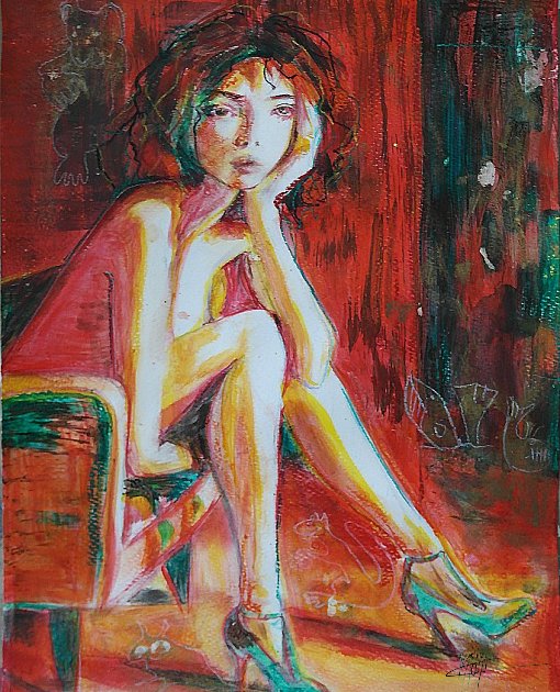 Portrait très coloré mixed media belle jeune femme aux talons verts assise dans un fauteuil
