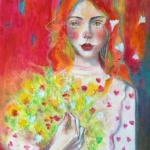 Portrait coloré mixed media jolie jeune femme bouquet fleurs