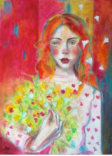 Portrait coloré mixed media jolie jeune femme bouquet fleurs