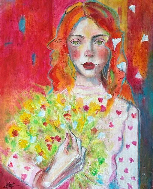 Portrait coloré mixed media jolie jeune femme bouquet fleurs