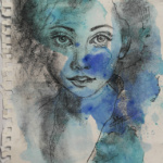 portrait au fusain et peinture acrylique d'une fillette qui regarde droit dans les yeux