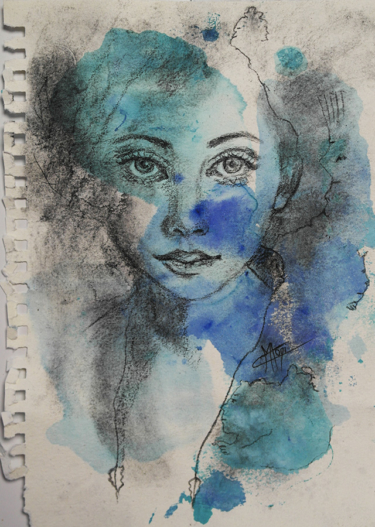portrait au fusain et peinture acrylique d&#039;une fillette qui regarde droit dans les yeux