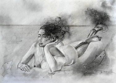 Dessin au fusain d&#039;une jeune femme nue alanguie sur le sable