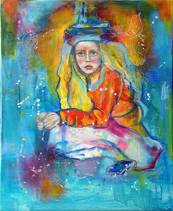 peinture d'une enfant accroupie regardant le visiteur avec un halo de soleil derrière elle, des personnages et animaux imaginaires l'entourent