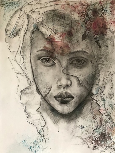 J VEUX PAS TOUT VOIR ALL 2020 MAONI portrait jeune femme au fusain, encres et peintures entourée de feuillages et de personnages oniriques avec un voile chant la moitié du regard,