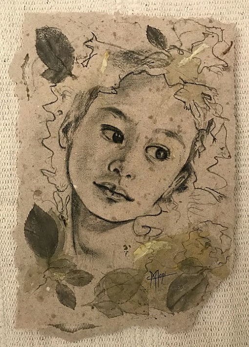 Portrait tendre fillette fusain et feuilles de rosier maoni 2020 04