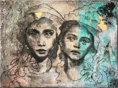 Portrait tendre peinture et feuille or 2 fillettes coiffées fleurs regardant leur visiteur adulte MARY et ROSE maoni 2020 04