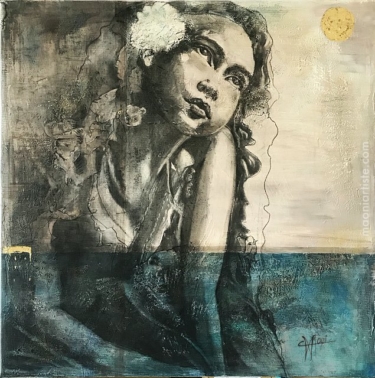 Portrait tendre peinture et feuille or fillette cheveux longs fleurs regardantes le ciel PENCHEE maoni 2020 03