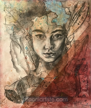 portrait jeune fille acrylique et fusain