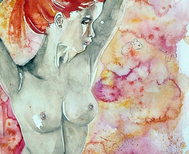 aquarelle nu feminin Les pensées de Martha Jeune femme rousse se relevant les cheveux TITRE : Les pensées de Martha ANNEE : 2016 TECHNIQUE : Aquarelle SUPPORT : Papier multitechniques CANSON 300gr - tons rouge-brun-