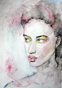 Tendres aquarelles aquarelle d'un portrait de jeune femme délicate entourée de créatures oniriques