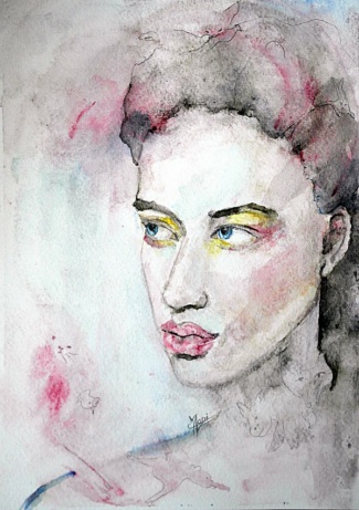 aquarelle d'un portrait de jeune femme délicate entourée de créatures oniriques