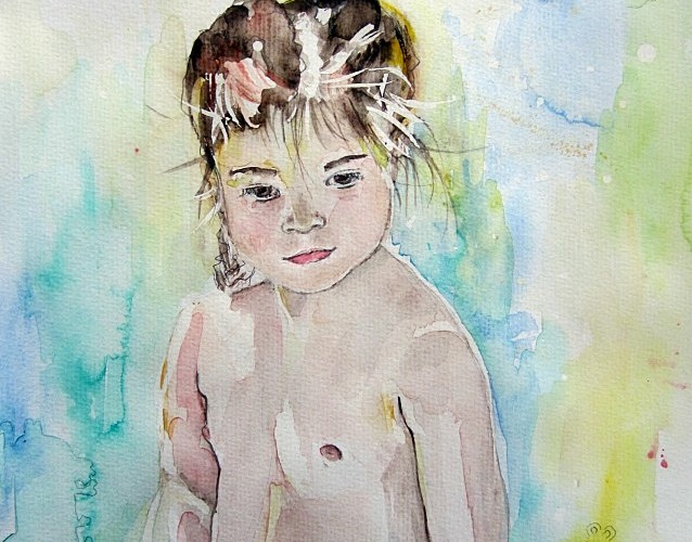 AQUARELLE ORIGINALE DU PORTRAIT D'UNE JOLIE PETITE FILLE SONGEUSE