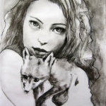 Portrait au fusain d'une belle jeune femme tenant un renard dans ses bras esquisses de personnages , animaux et végétaux du monde onirique de Maoni