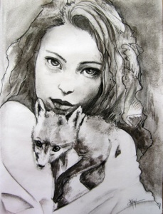 Portrait au fusain d'une belle jeune femme tenant un renard dans ses bras esquisses de personnages , animaux et végétaux du monde onirique de Maoni