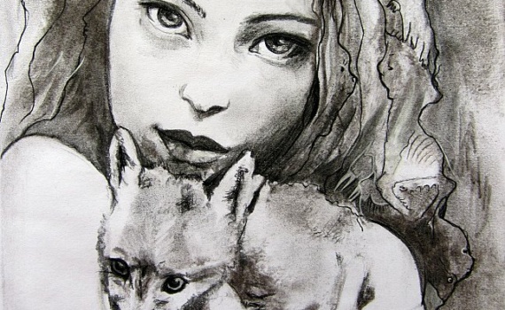 Portrait au fusain d'une belle jeune femme tenant un renard dans ses bras esquisses de personnages , animaux et végétaux du monde onirique de Maoni