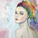 Aquarelle originale d'un portrait aux couleurs vives d'une belle jeune femme portant un fichu très coloré de dos qui se retourne pour regarder derrière elle