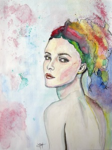 Dessin d'un portrait aux couleurs vives à l'aquarelle d'une belle jeune femme portant un fichu très coloré de dos qui se retourne pour regarder derrière elle