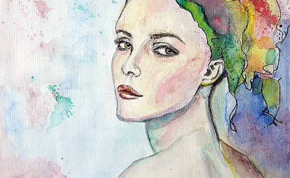 Dessin d'un portrait aux couleurs vives à l'aquarelle d'une belle jeune femme portant un fichu très coloré de dos qui se retourne pour regarder derrière elle