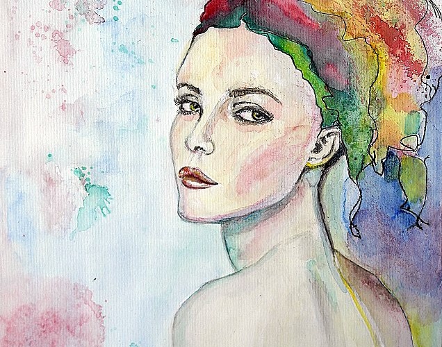 Dessin d'un portrait aux couleurs vives à l'aquarelle d'une belle jeune femme portant un fichu très coloré de dos qui se retourne pour regarder derrière elle