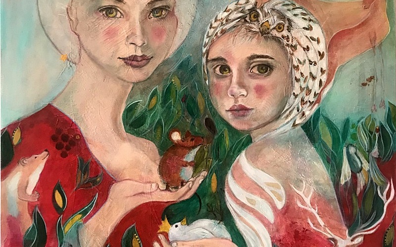 Portrait d'une mère et de sa fille entourées de végétaux et d'animaux oniriques - Maoni - 2022/2023