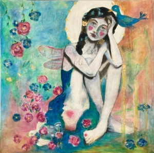 PEINTURE SYMBOLIQUE FEMME LIBELLULE LIBRE : FLIRTER AVEC LES NUAGES ... Jeune fille libellule ailée posée en tailleur au milieu de fleurs d'animaux et de personnages oniriques - MAONI - 2022