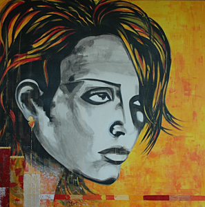 DEDICACE portrait peinture Acrylique et collage tissu sur Toile 100 x 100 cm DEDICACE grand portrait acrylique lumineux femme moderne 100x100cm