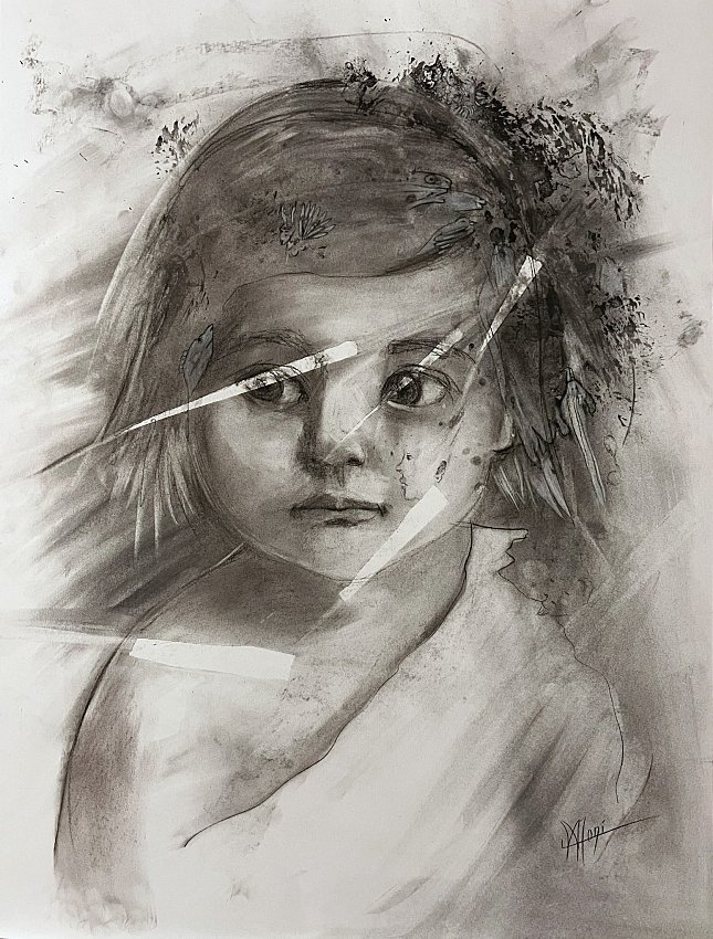 portrait aux fusains d'une fillette au regard interpellant qui est traversée de lumière et entourée de créatures réelles ou imaginaires du monde de Maoni
Oeuvre symbolique contemporaine, narrative et poétique, art figuratif sensible de l' artiste contemporaine MARLENE REGAZZONI
