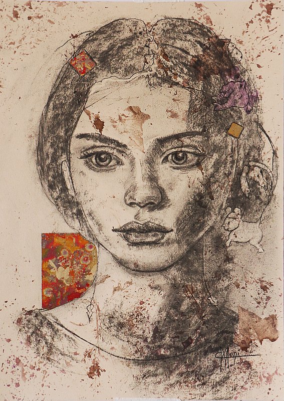 portrait aux fusains d'une belle jeune fille pensive le regard tourné vers le bas sur papier naturel agrémenté d'empreintes de feuilles encrées et rehaussé de feuilles métallisées