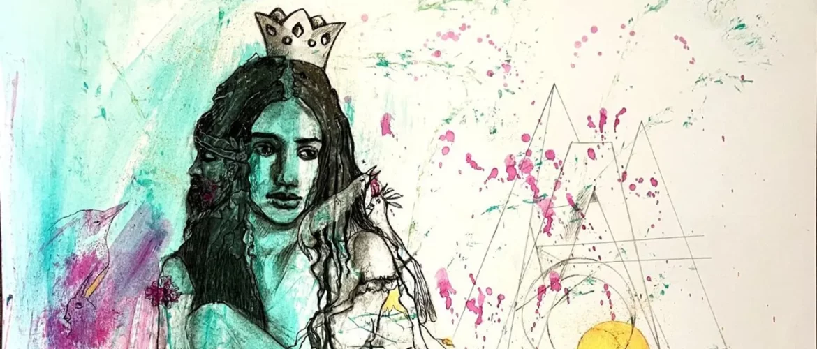 Dessin aux fusains d'une Jeune femme pensive à la couronne tombante, entourée de symboles, de traces d'encres, de peintures et de végétaux et de créatures imaginaires