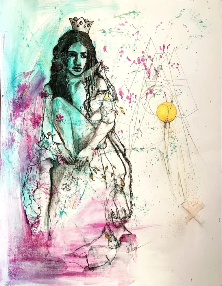 Dessin aux fusains d'une Jeune femme pensive à la couronne tombante, entourée de symboles, de traces d'encres, de peintures et de végétaux et de créatures imaginaires