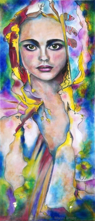LAURA DES SAGES peinture d'une belle jeune femme au regard frontal entourée de créatures imaginaires