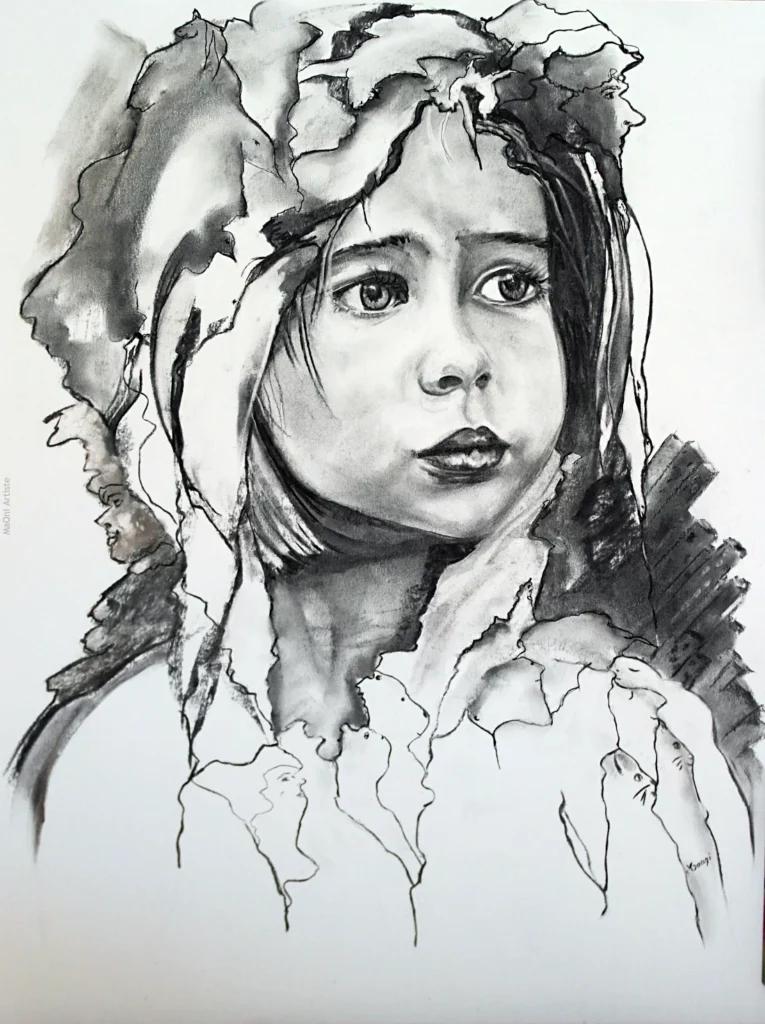 Dessin au fusain d'une jeune enfant inquiet du monde qu'il doit aborder entouré De ses personnages oniriques et fantasques et regardant le monde des adultes avec interrogation et un quelque chose d'impalpable