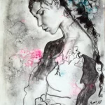 PORTRAIT de profil d'une belle femme romantique tête et regard baissés style intemporel et ancien au fusain et pigments sur papier 2015