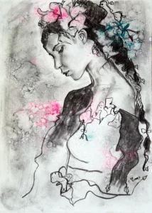 PORTRAIT de profil d'une belle femme romantique tête et regard baissés style intemporel et ancien au fusain et pigments sur papier 2015