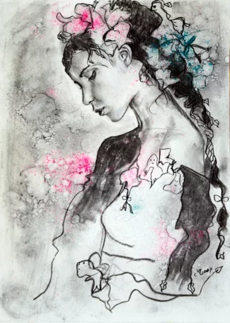 PORTRAIT de profil d'une belle femme romantique tête et regard baissés style intemporel et ancien au fusain et pigments sur papier 2015