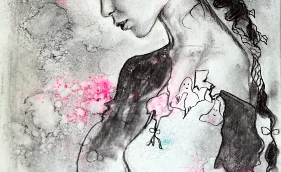 PORTRAIT de profil d'une belle femme romantique tête et regard baissés style intemporel et ancien au fusain et pigments sur papier 2015