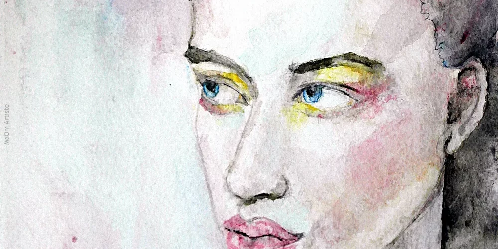 aquarelle d'un portrait de jeune femme délicate entourée de créatures oniriques