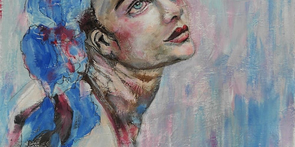 BEYOND ME - PEINTURE PORTRAIT FEMME FOULARD BLEU