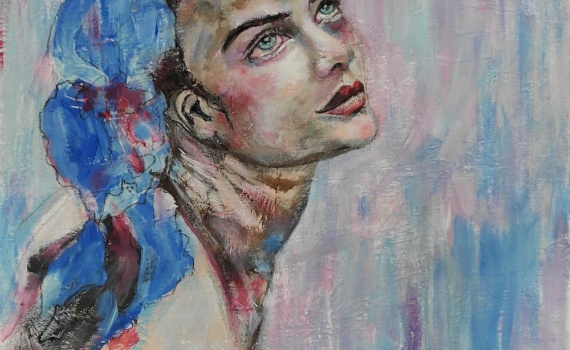 BEYOND ME - PEINTURE PORTRAIT FEMME FOULARD BLEU