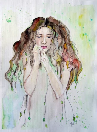 AQUARELLE JEUNE FEMME SONGEUSE à la tignasse rousse