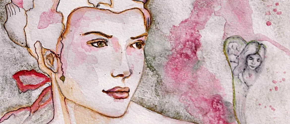 Portrait ancien à l'aquarelle d'une  jeune femme romantique avec des personnages fantasques dans sa chevelure sur papier aquarelle pochade 300 gr 20x20cm