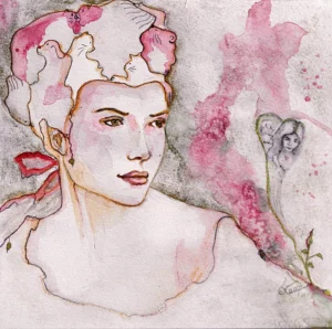 Portrait ancien à l'aquarelle d'une  jeune femme romantique avec des personnages fantasques dans sa chevelure sur papier aquarelle pochade 300 gr 20x20cm